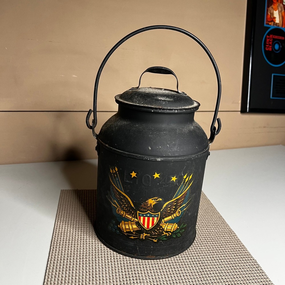 Vintage‎ Americana Eagle Metal Milk Can Black Patriotic Primitive Decor 9.5in